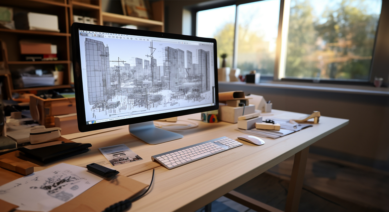 Poste de travail SketchUp avec maquette urbaine affichée à l’écran