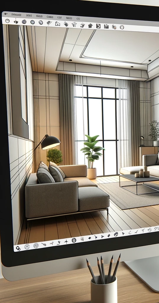 l'image d'un salon modélisé en 3D avec SketchUp